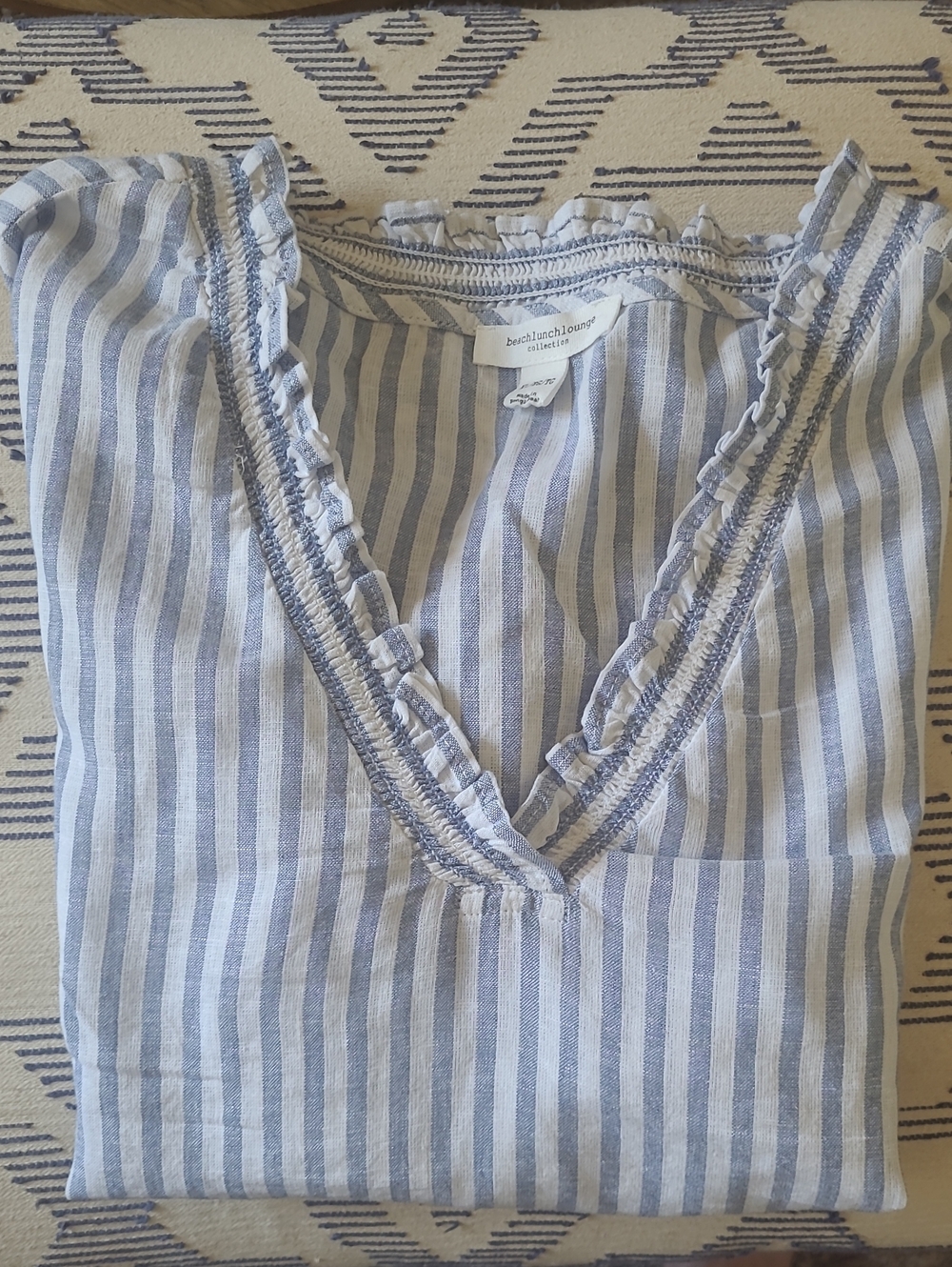beachlunchlounge Blue & White Striped Ruffle V-Neck Tunic